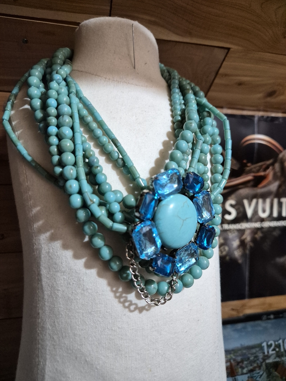 STUNNING!! Vintage Aqua Blue Gem Flower Brooch with Multi Strand Neclace